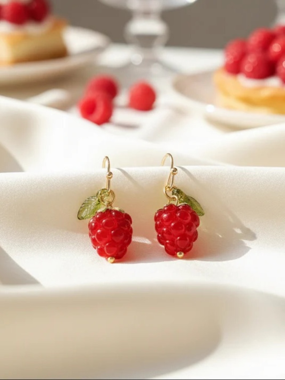 Red Raspberry Drop Earrings with Green Leaf Accents